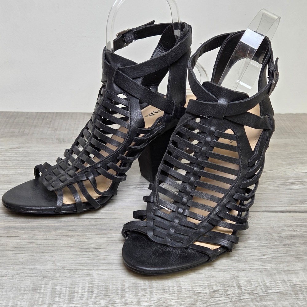 JustFab Fashionably Late Black Gladiator Heels Women's 6.5 Strappy Sandals